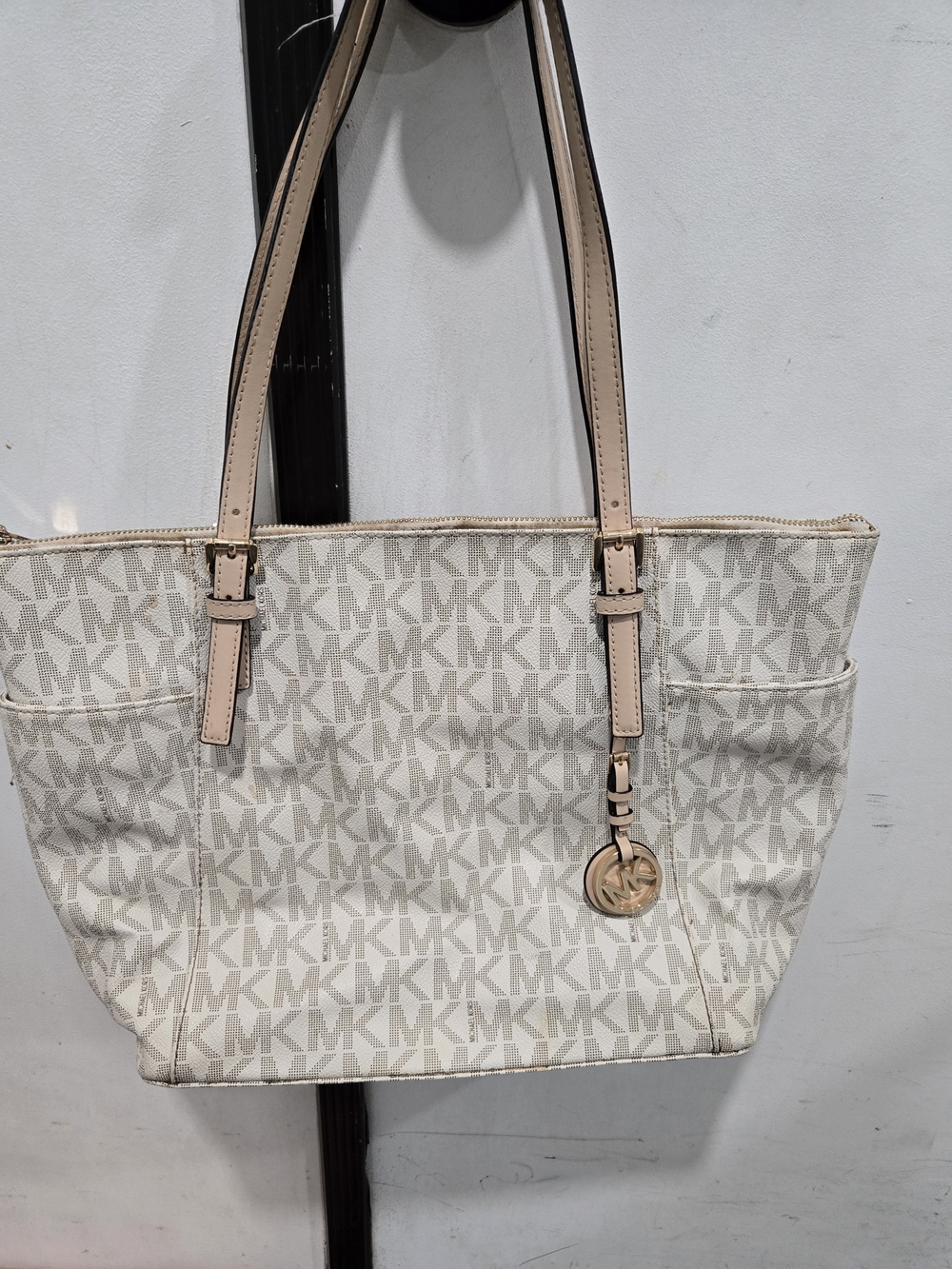 Michael Kors Cream Logo Tote with Pink Leather Straps
